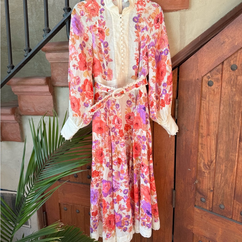 Zimmermann Red and Pink Wrap Sundress with Bishop Sleeves